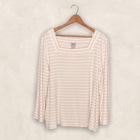 New Chico's 2 Large L 4 XXL Beige White Striped Rib Knit Stretch Square Neck Top - Picture 2 of 6
